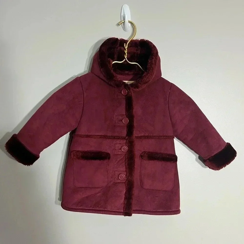Girls Burgundy Faux Suede Hooded Coat with Faux Fur Trim and Lining